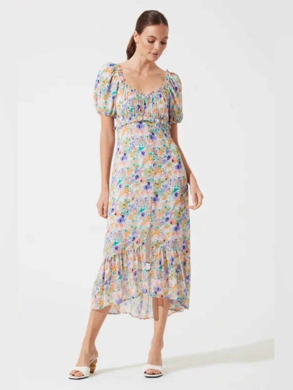 Astr The Label Floral Chiffon Balloon Sleeve Midi Dress Purple Green Multi Sz XS